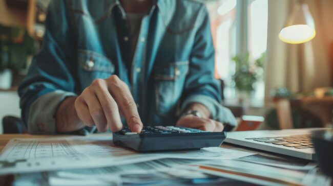 Person using a financial calculator, planning their savings and investments